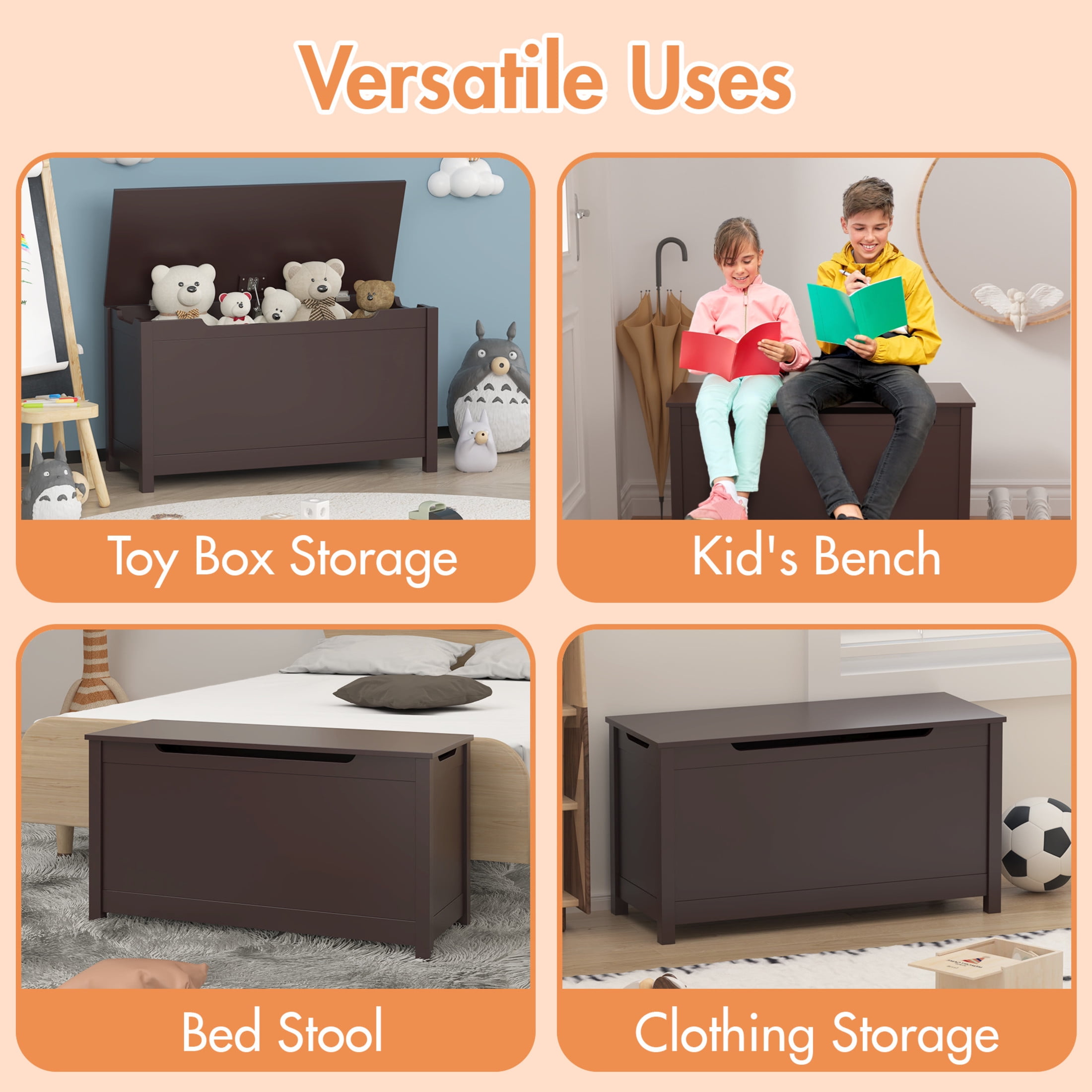 Noble House Thalhill 31.5" Kids Wooden Toy Box, Safety Hinged Lid Storage Chest Bench, Toy Organizer Kid Room, Coffee