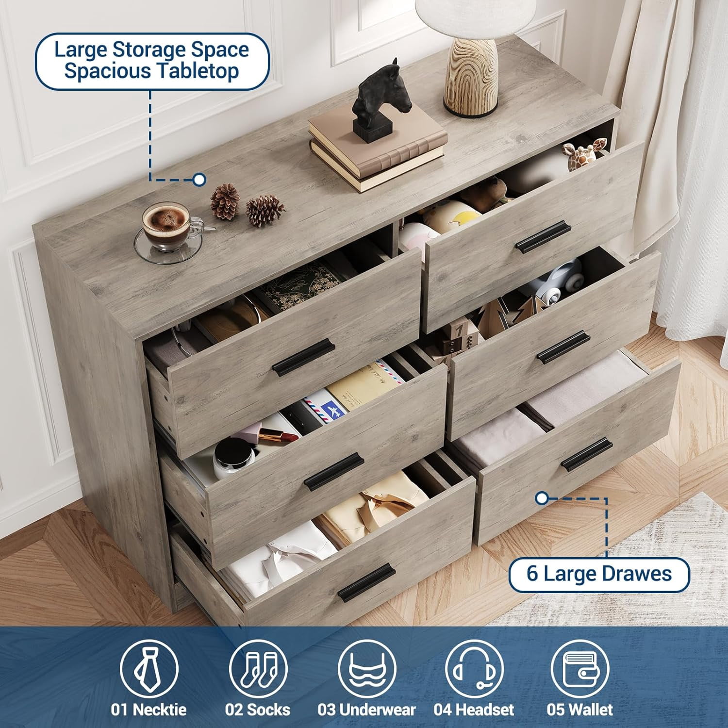 Garvee 6 Drawers Dresser, Modern Closet Dressers Chest of Drawers with Metal Handle, Wooden Dresser Organizer for Bedroom, Living Room, Hallway, Gray