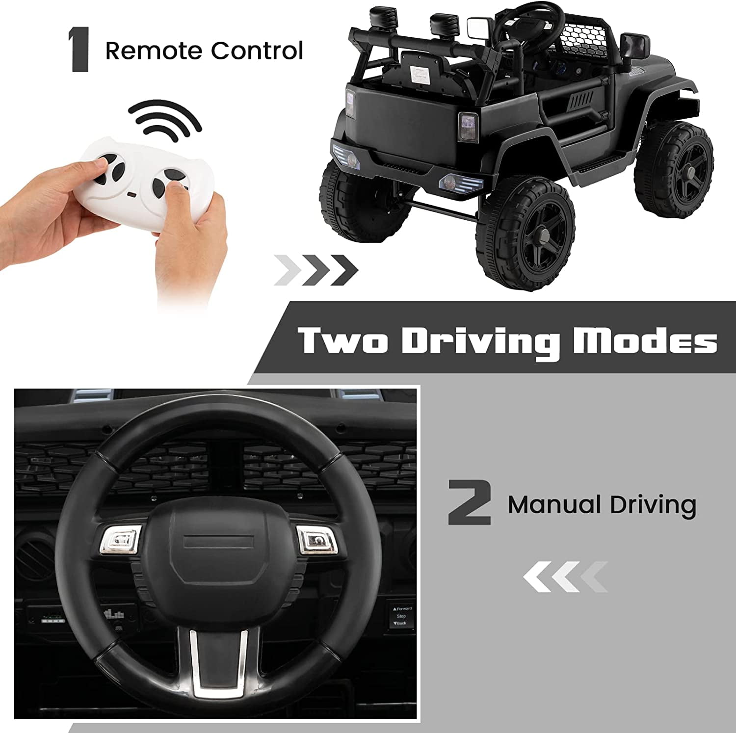 OLAKIDS Kids Ride On Truck, 12V Electric Vehicle Jeep Car with Remote Control, Toddlers Battery Powered Toy with 2 Speeds, Spring Suspension, Double Open Doors, LED Lights, Music, USB, Mp3 (Black)