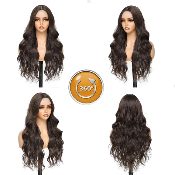SHILIU-Brown Wigs for Women Middle Part Long Wavy Wig 26 Inch Lace Hairline Natural Looking Synthetic Heat Resistant Fiber for Daily Party Use (Brown)