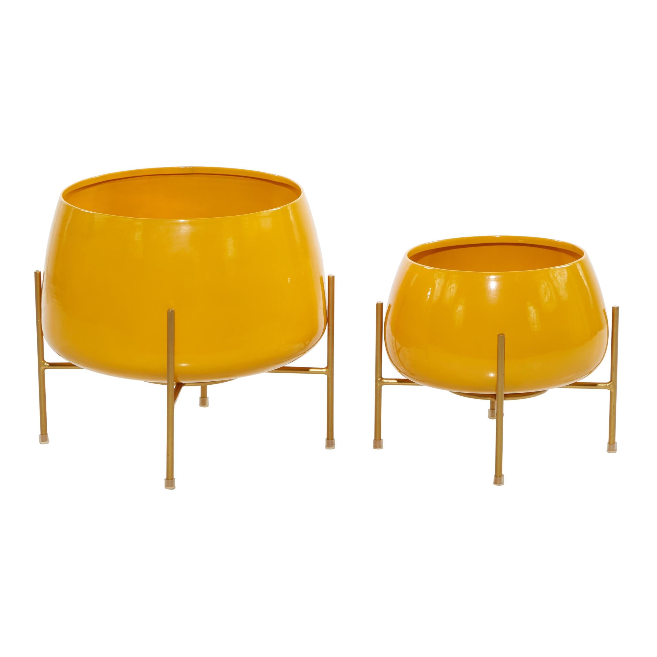 DecMode Modern Metal Bowl Shape Planter with Yellow Golssy Finish, Set of 2 8", 10"H
