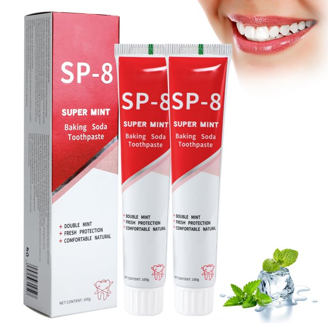 pasta de dientes kanroadi sp-8 ultra whitening con probióticos (2 unidades) dos tubos frontales rojo y blanco SP-8 "Super Mint" y su caja roja y blanca; vista frontal centrada, tubos lisos con texto visible, sonrisa con dientes visibles en fondo y elementos decorativos de menta y hielo; según la descripción del producto contiene probióticos y fórmula de blanqueamiento; opción compacta adecuada para estuche de viaje.