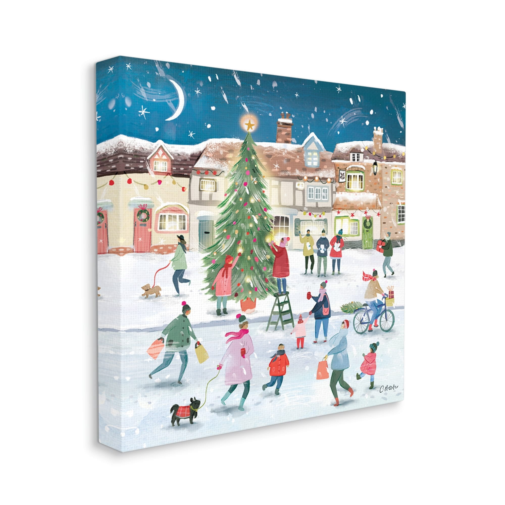 Stupell Industries Christmas Tree Town Scene Holiday Painting Gallery Wrapped Canvas Print Wall Art