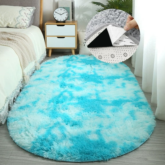 FUDAKUNA Fluffy Area Rug Oval  Shaggy 31" x 63" Gradient Light Blue Fuzzy Carpet Non Slip Backing Absorbent Soft Plush Floor Mats