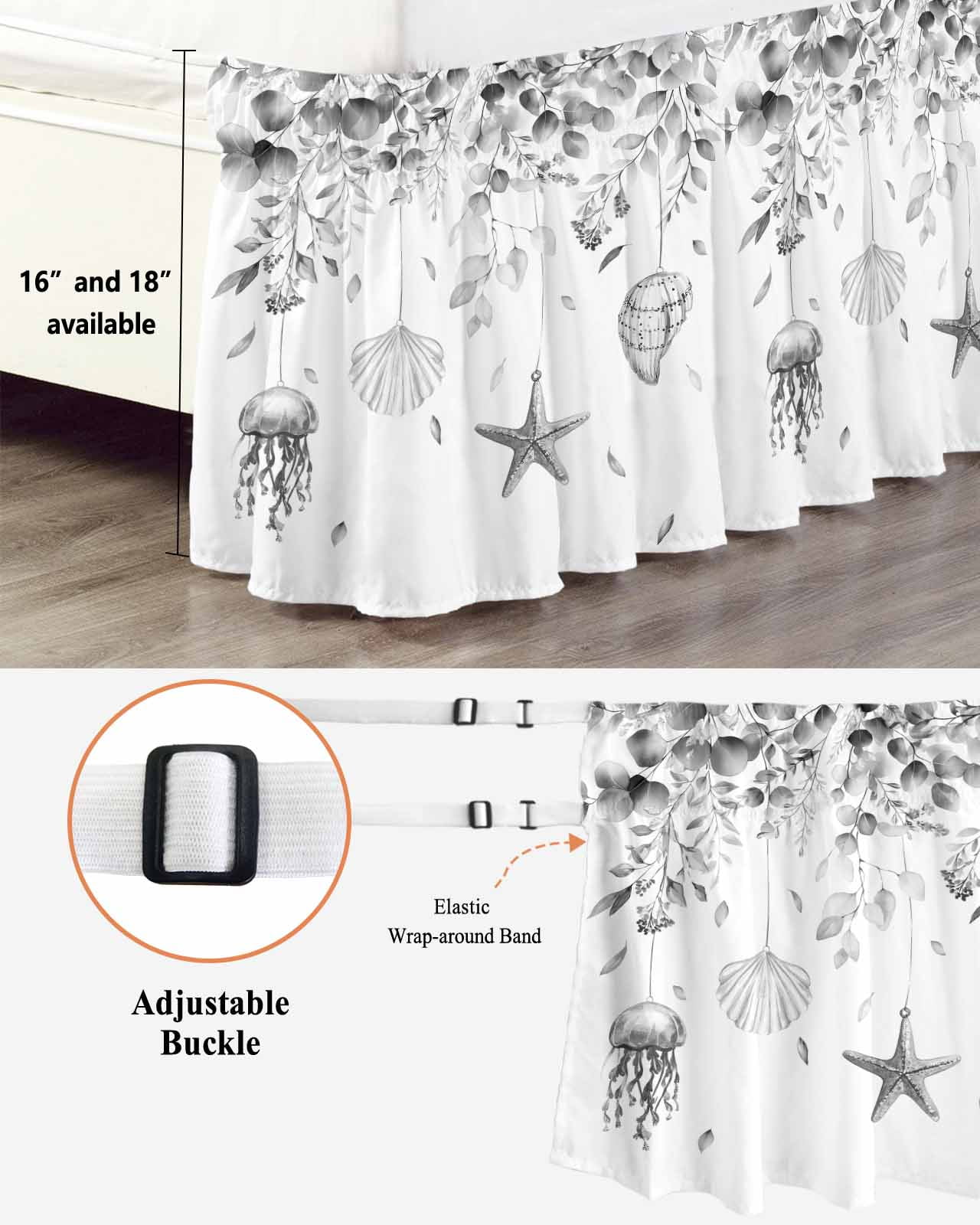 Grey Coastal Wrap Around Bed Skirts for Queen Bed 16" Drop,Bed Skirt with Adjustable Elastic Belt Dust Ruffle Bed Valance Summer Eucalyptus Leaves Beach Ocean Starfish Nautical Bed Frame Cover