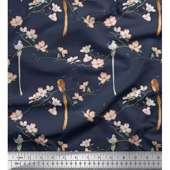 Soimoi Cotton Duck Fabric Leaves,Floral & Paradise Flycatcher Bird Fabric Prints by Yard 42 Inch Wide