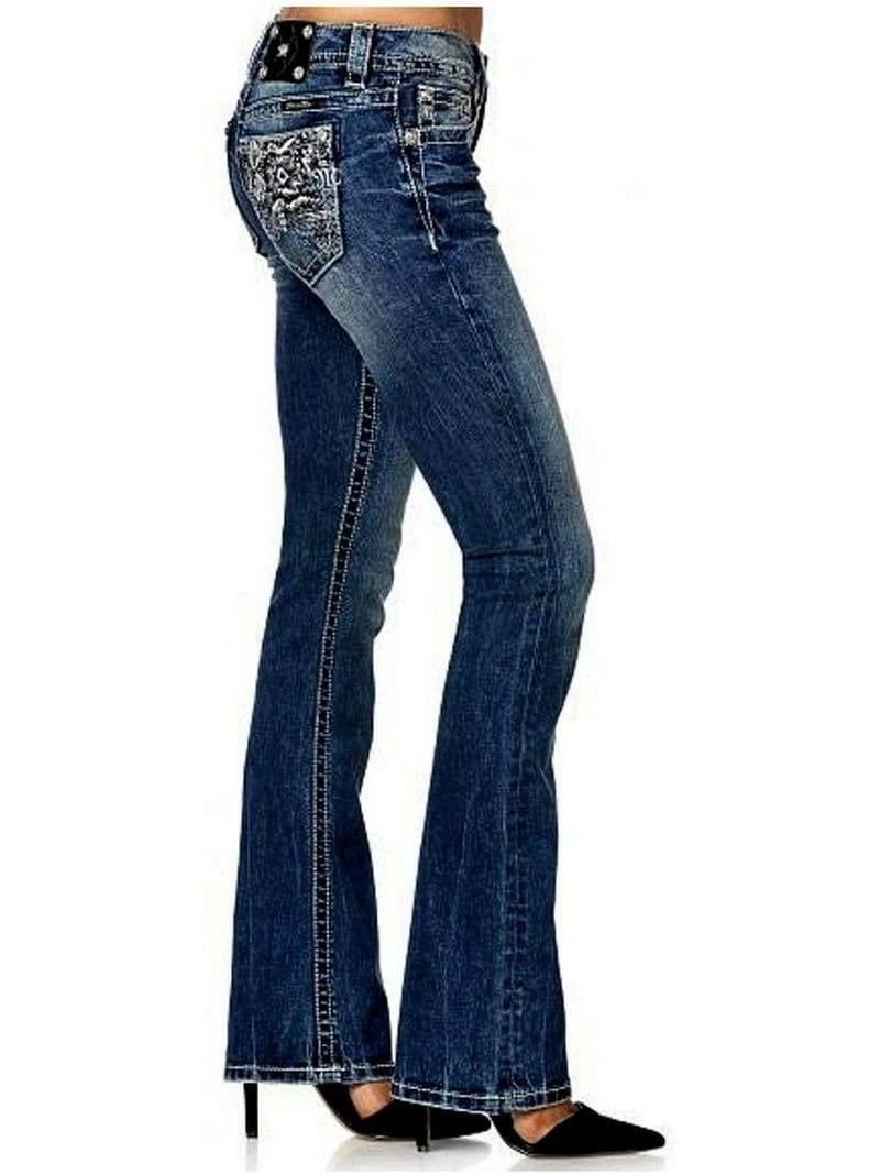 【AAKE】BACK POCKET BOOTCUT DENIM Miss Me Jeans- Rhinestone Accented Aztec Design, Back Pocket