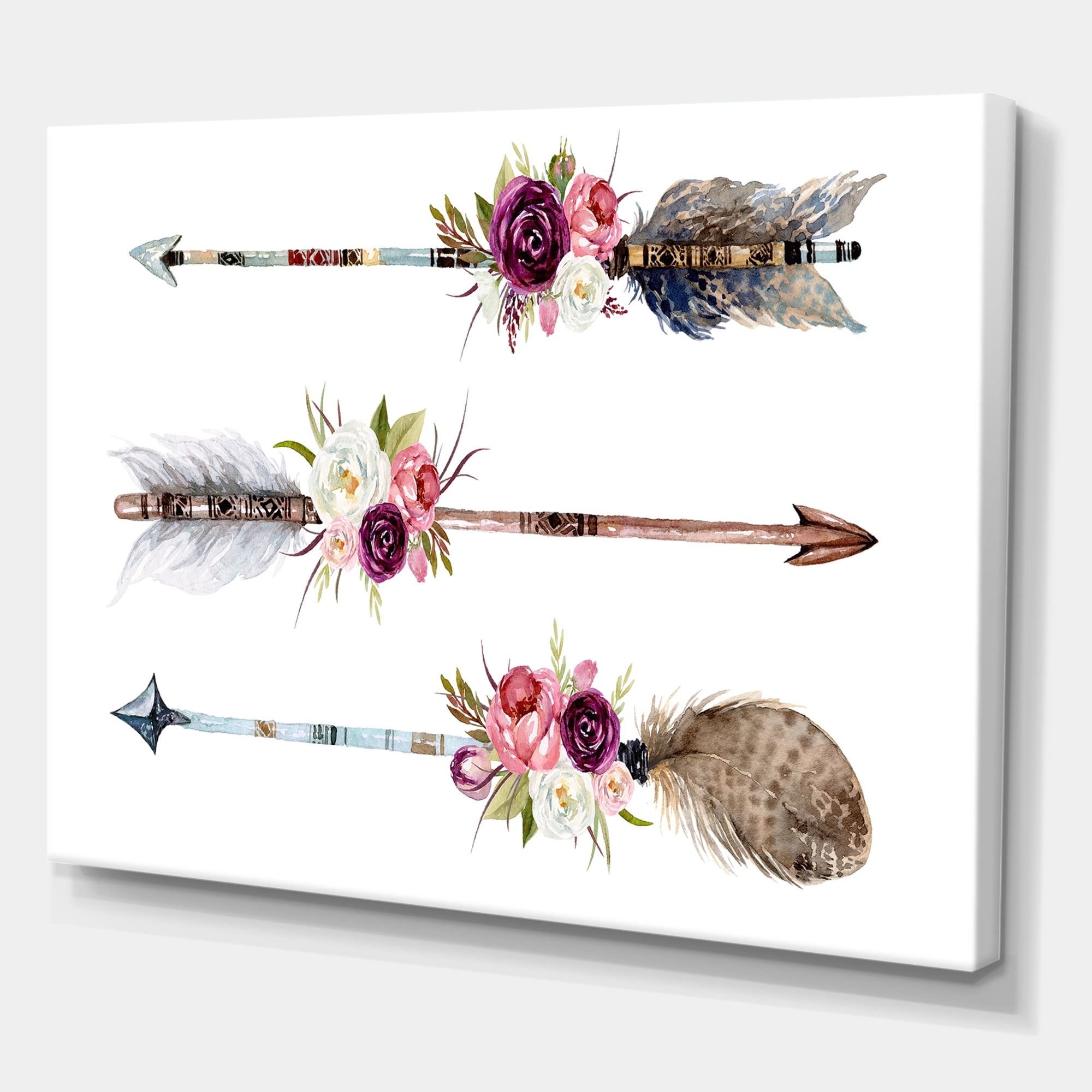 Flowers and Ethnic Feathers On Native Arrows III 8 in x 12 in Painting Canvas Art Print, by Designart