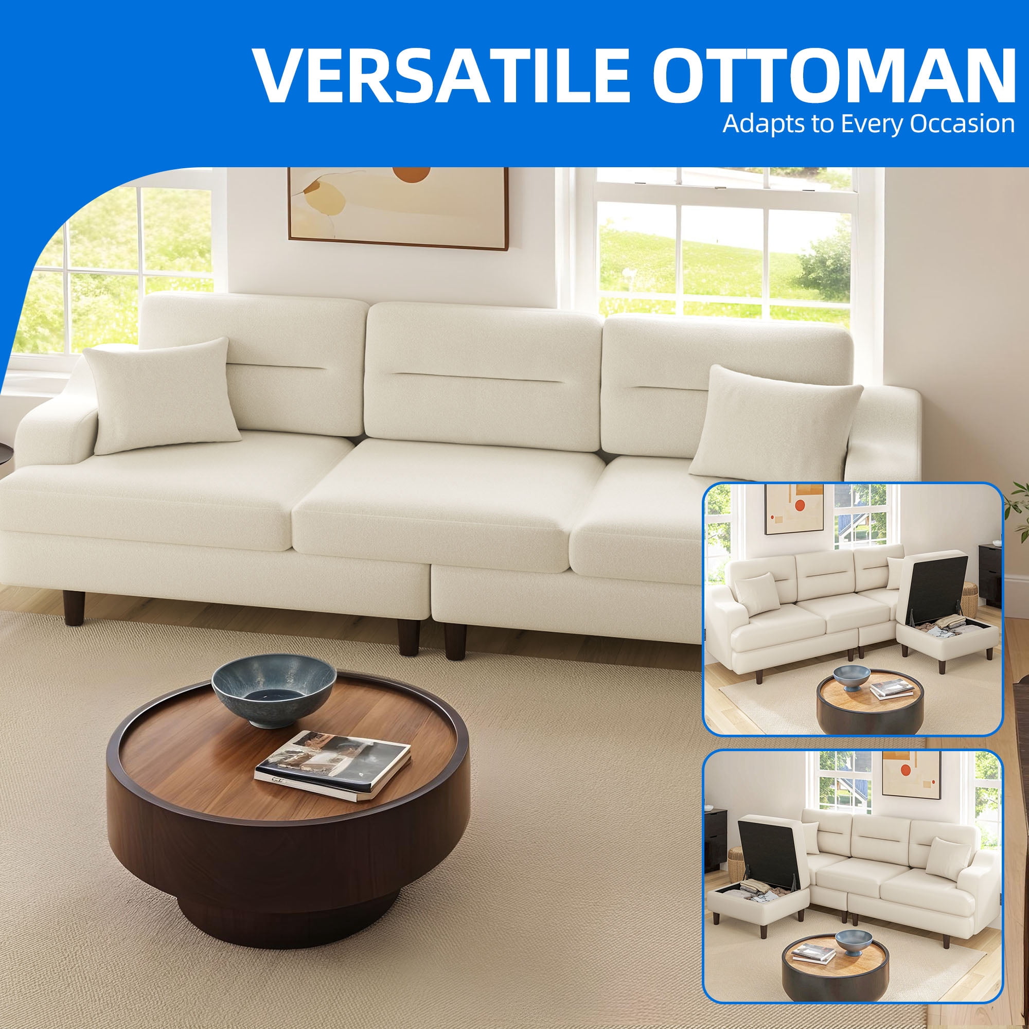 Uforic 3 Seater Sofa Couch, Deep Seats Comfy Sectional Sofa with Armrest for Living Room, Home Office, Beige