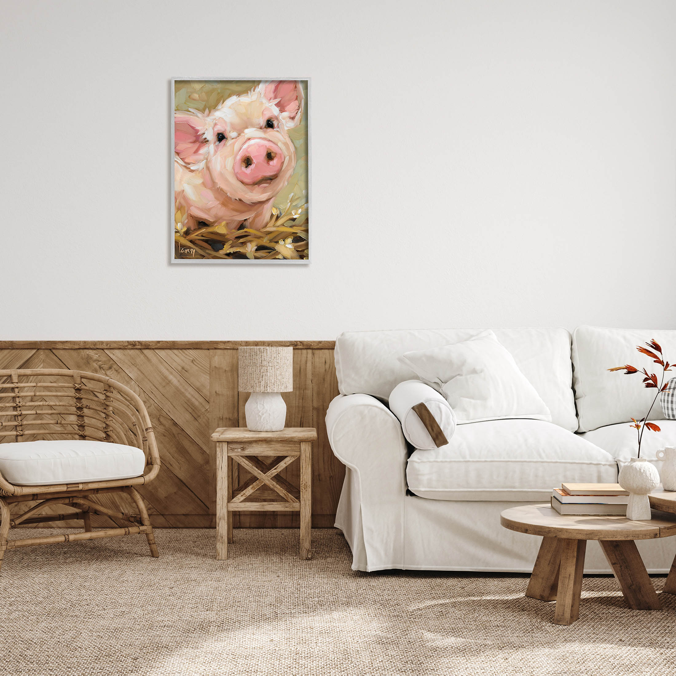 Happy Pig Farm Animal Portrait Animals & Insects Painting Gray Framed Art Print Wall Art