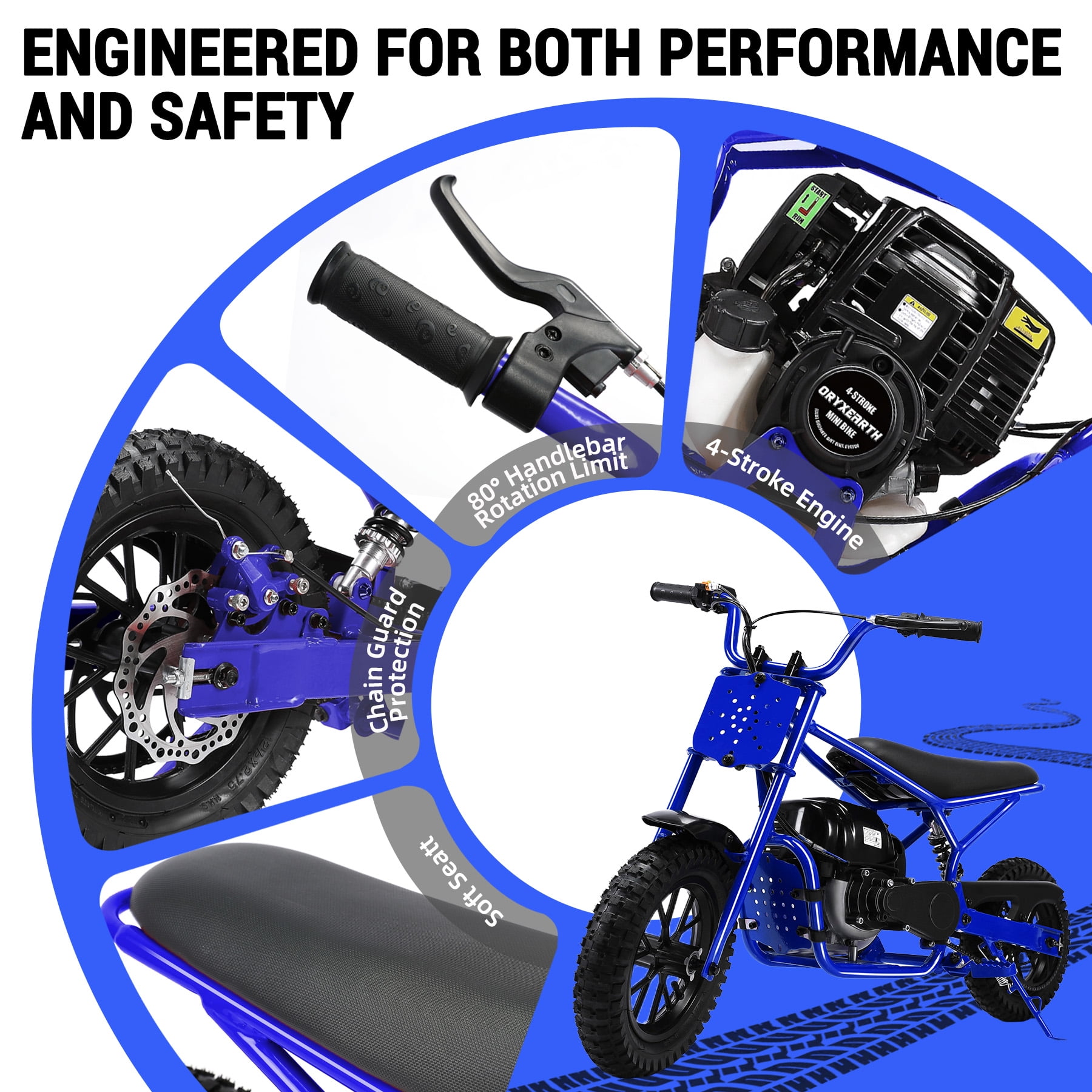 Oryxearth OGM37 Basic Mini Bike Gas Powered, 4-Stroke off Road Bike for Teens, Easy Pull Start, Blue