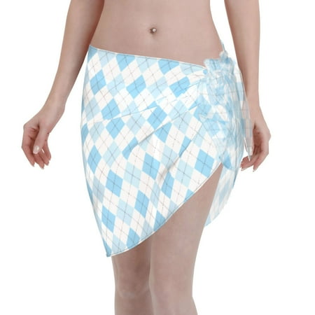 Adobk Women Beach Sarong Bathing Suit Blue And White Squares Print Wrap Skirt Sheer Bikini Swimsuit Cover Ups For Swimwear