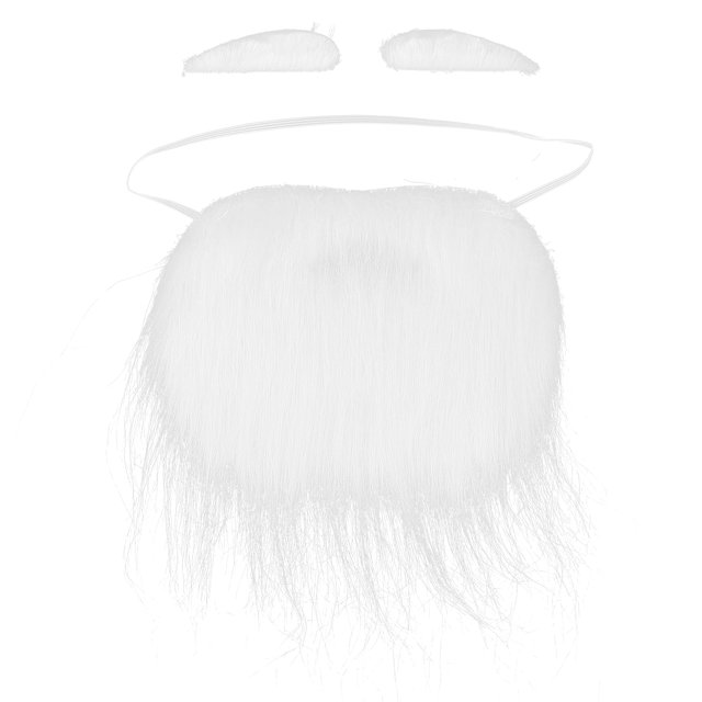 White Fake Beard set featuring a soft flannelette beard with elastic bands and self-adhesive eyebrows. Ideal for Santa costume accessories, Christmas celebrations, Halloween parties, and birthday events. Adjustable and easy to use for all ages.