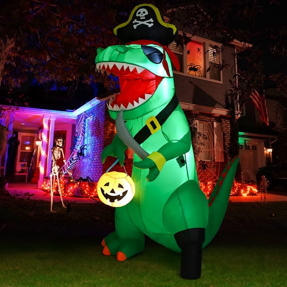 GOOSH 7FT Outdoor Halloween Decorations Halloween Dinosaur Inflatable, Halloween Inflatables Blow up Dinosaur, Green Pirate Dino Halloween Decorations Dinosaur Halloween Inflatable for Holiday/Party