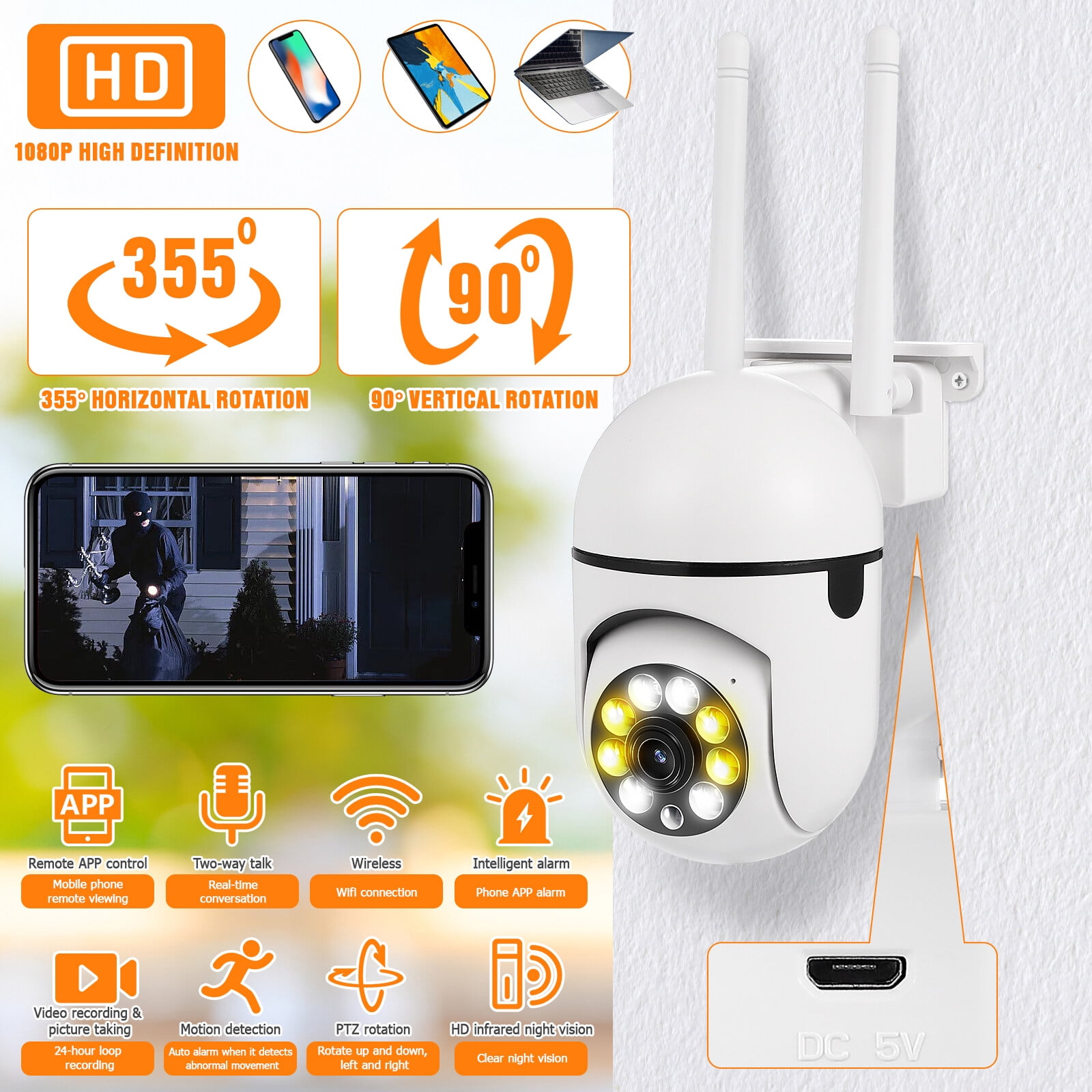 Cameras for Home/Outdoor Security, 2MP Solar Security Cameras Outdoor with 355?PTZ, Spotlight, Motion Detection, Siren, Color Night Vision, 2-Way Talk