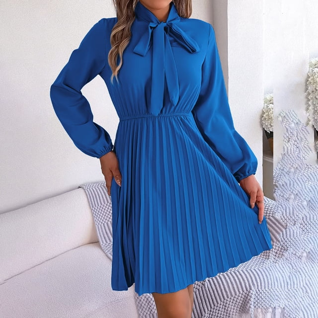 Gspmoly Robes d'Été pour Femmes, Robe de Cocktail pour Femmes au Tempérament Uni avec Ceinture, Manches Longues, Jupe Plissée, Liquidation