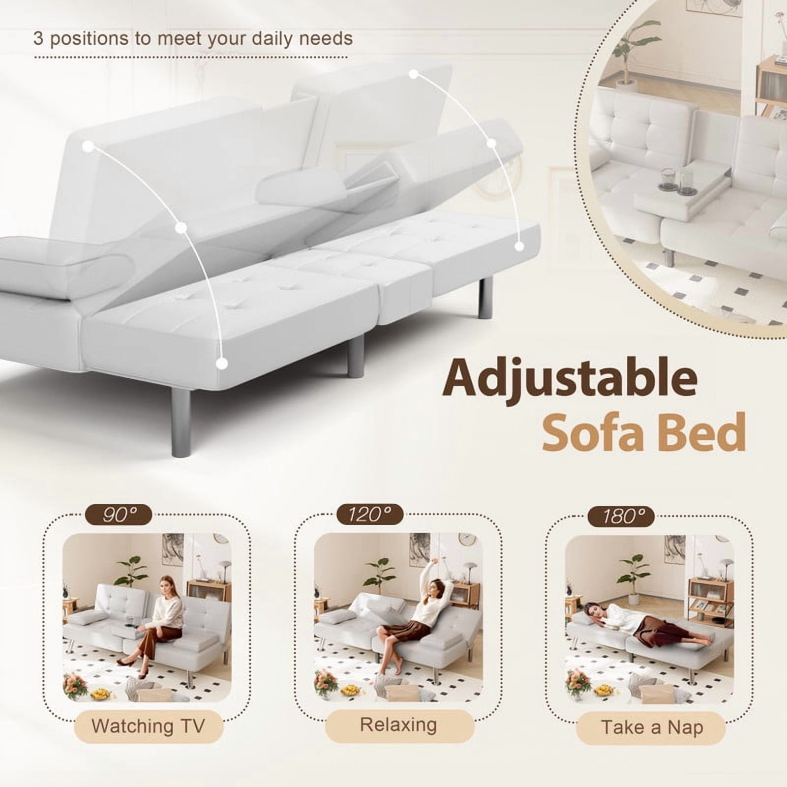 Furmax 3-in-1 Futon Sofa Bed Convertible Couch – Faux Leather Recliner with Cup Holders for Living Room, Apartment & Small Space, White