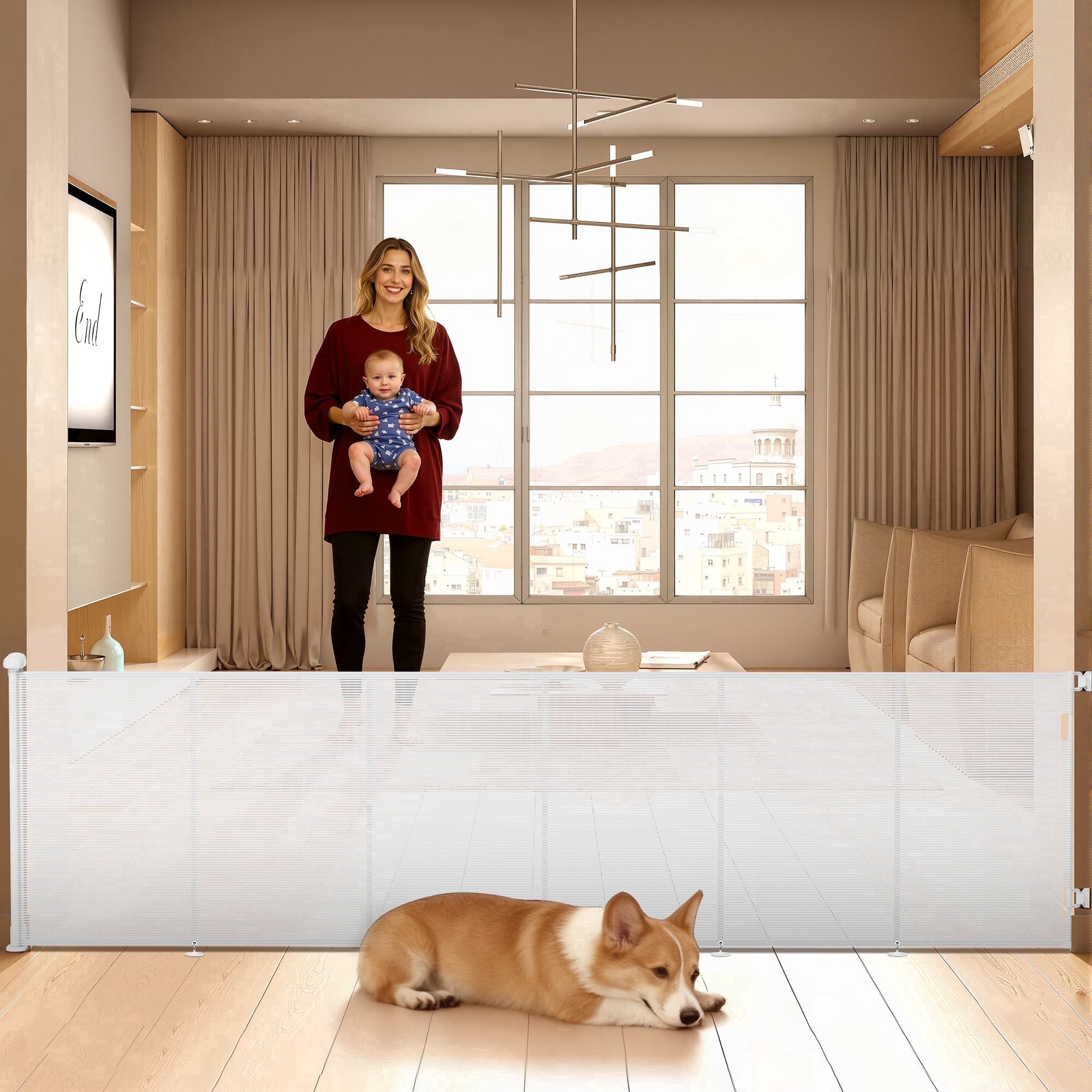 TULILLO Retractable Baby Gate 200" Extra Wide, 42in Tall, Double Lock, Retractable Dog Gate for Doorways Stairs Hallways Indoor and Outdoor, White