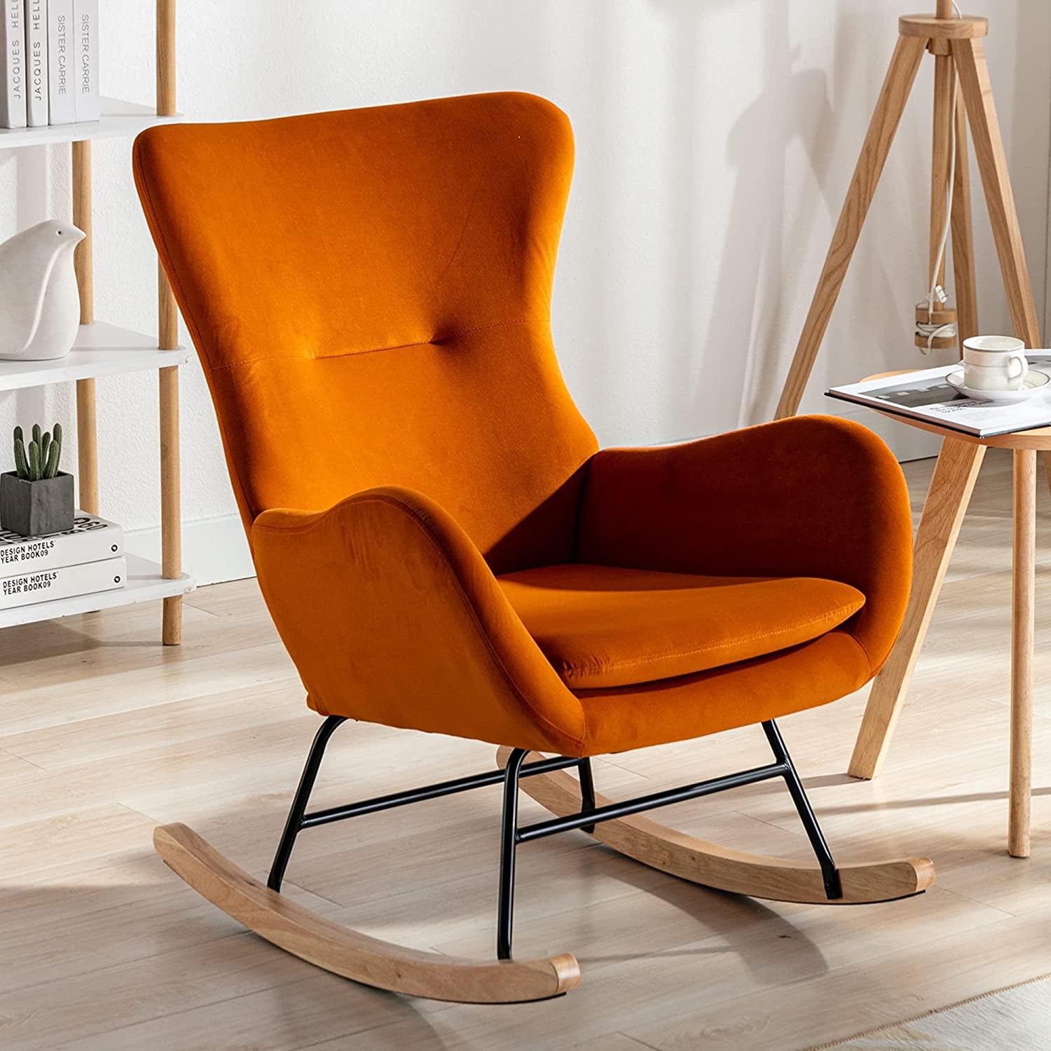 Modern Nursery Rocking Chair Teddy Fabric Padded Seat with High