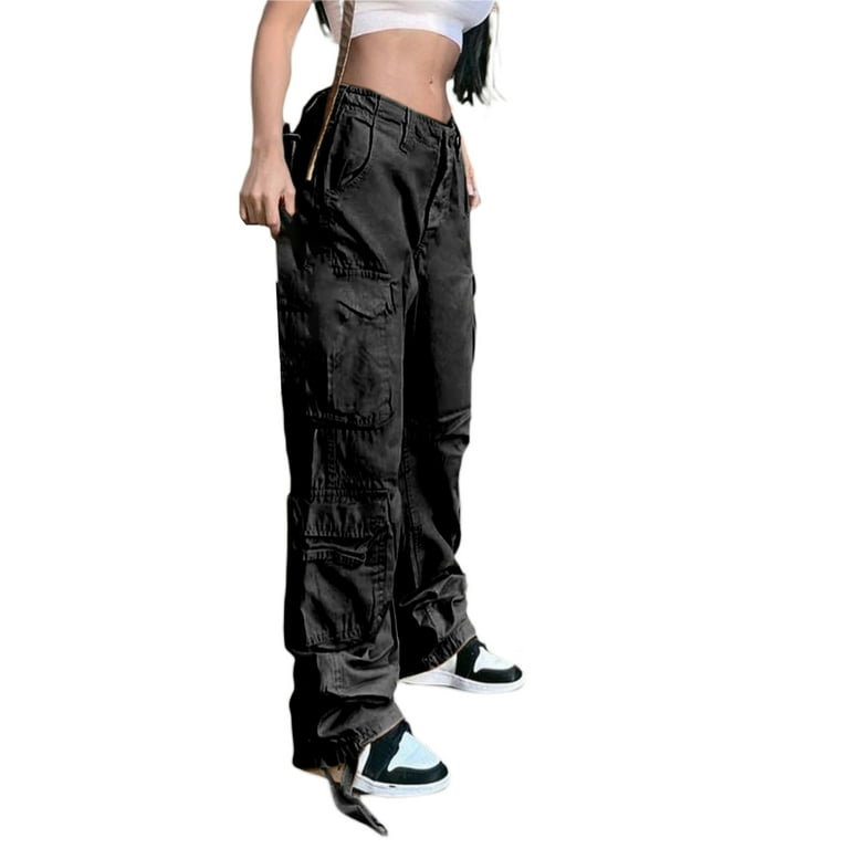 Sunisery Women Cargo Pants High Waist Straight Leg Baggy Pants E-Girls  Boyfriend Trousers Streetwear Black S