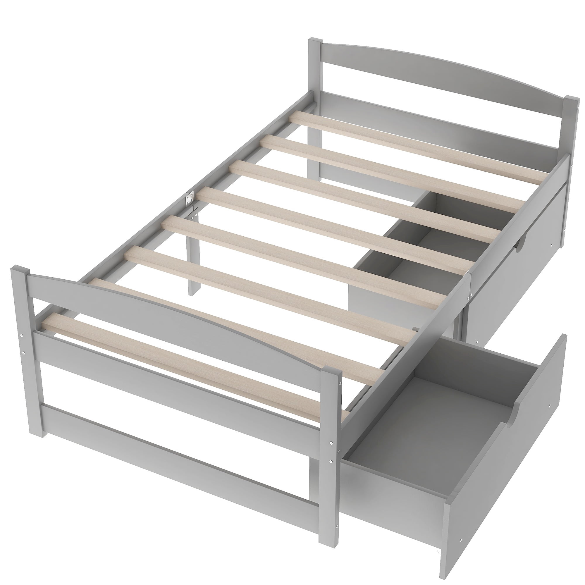 PORKISS Twin Bed Frame with 2 Storage Drawers, Gray Twin Size Platform Bed with Wood Slat Support, No Box Spring Needed, Wood Bed Frame for Kids, Teens, Guest Room
