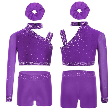 Sholeno Girls Athletic Workout Suit Gymnastics Crop Top with Shorts Hairband Dance Tumbling Outfit Purple 12