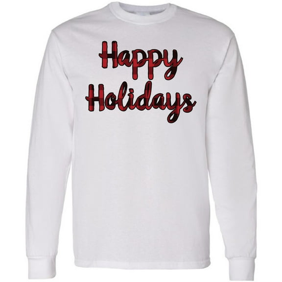 Happy Holidays Red Print T-Shirt for Men Long Sleeve Christmas Sweatshirt - S M L XL 2XL Xmas Graphic Tee - Christmas Mens Shirt Graphic Tee Xmas Gifts for Him