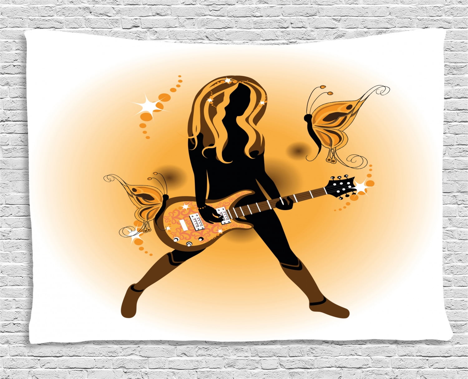 Popstar Party Tapestry, Girl Silhouette with Hairstyle and Butterflies