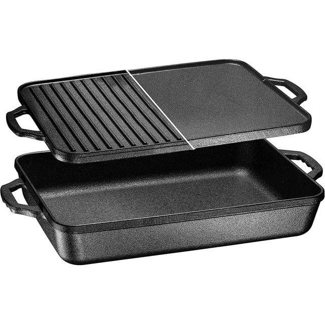 Bruntmor | Sartén Rectangular de Hierro Fundido Pre-sazonada 3 en 1 con Tapa Reversible
