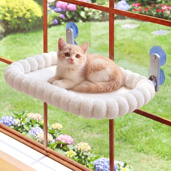 Cat Window Perch, Cordless Cat Hammock with 4 Strong Suction Cups, Foldable Metal Frame & Soft Washable Cover, Indoor Bed for Large Cats & Kittens