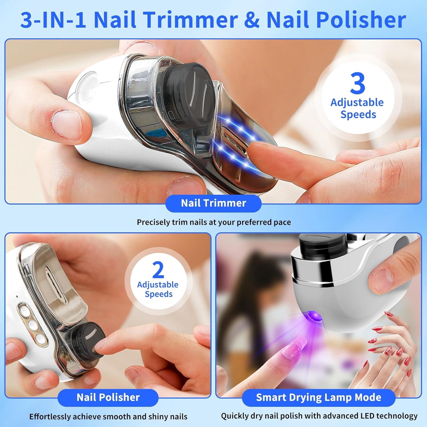 Electric Nail Clipper, 3 in 1 Electric Nail Trimmer with Gel Nail Light, Portable Electric Nail Cutter for Men Women Senior Baby Finger Toe Thick Electric Nail Clippers,3 Modes Electric Nail Polisher