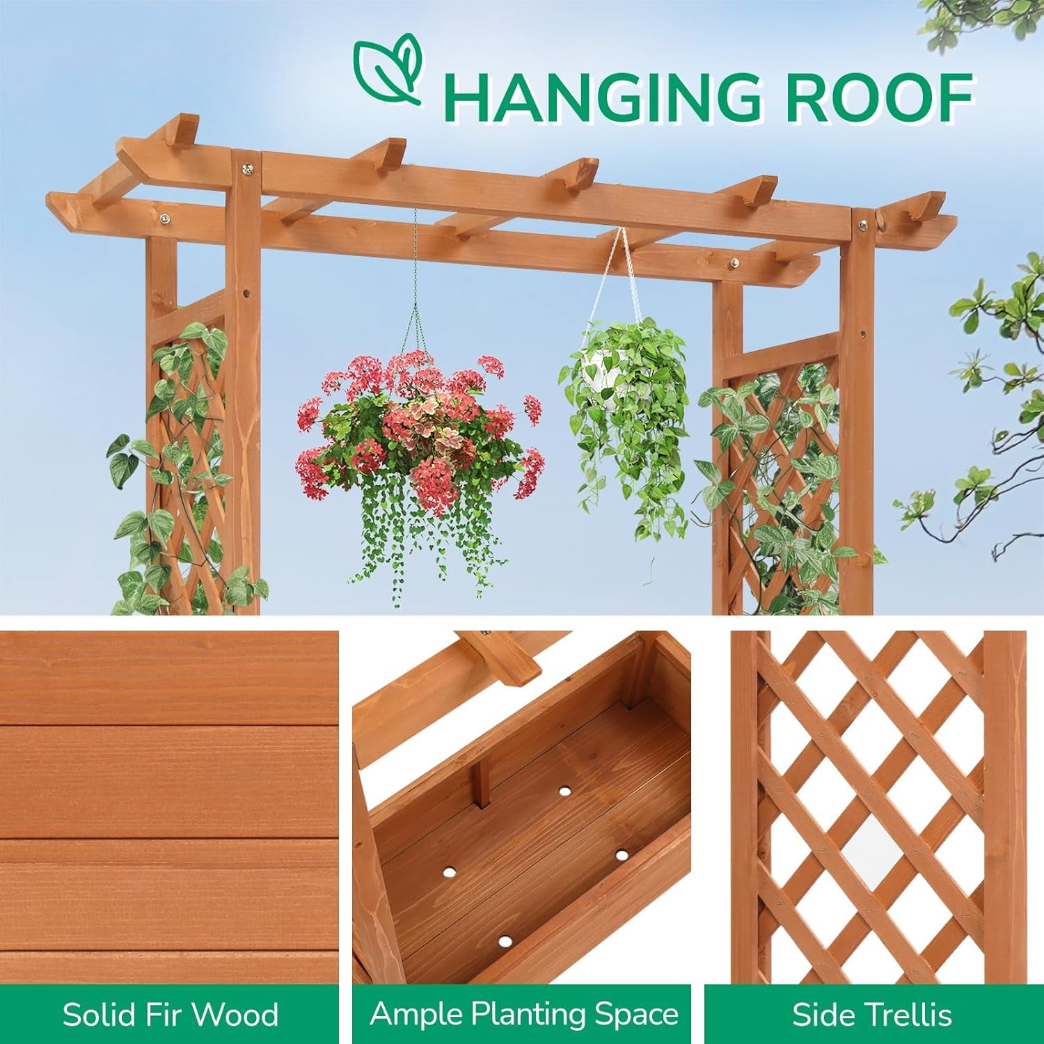 HJTER Raised Garden Bed with Trellis, Wood Planter Box with Hanging Roof, Side Trellis and Drainage Holes, Above Ground Elevated Garden Bed for Outdoor Climbing Plants Vines Vegetables (Teak Color)