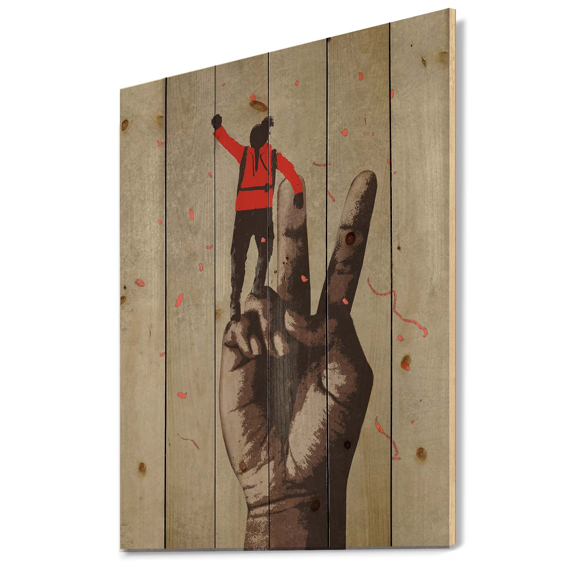 Designart 'Man With Arm Raised On Victory Sign' Modern Print on Natural Pine Wood