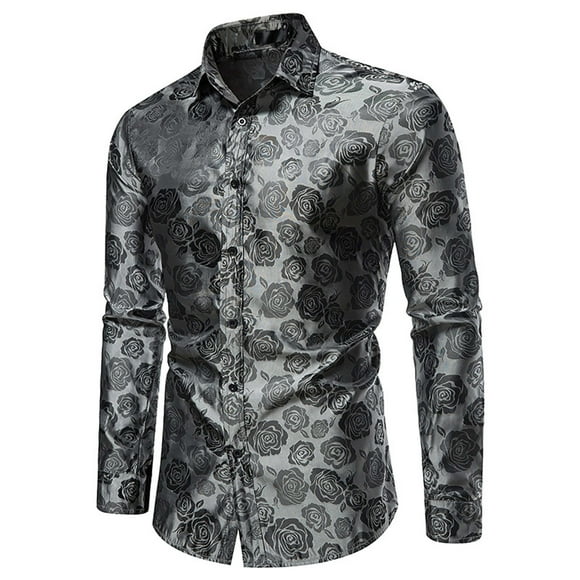 Ketyyh-chn99 Mens Short Sleeve Dress Shirts Men's Autumn Winter Casual Rose Print Long-sleeved Lapel Shirt Size for M,Grey