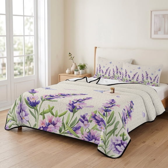 king Quilt Bedding Set, Vintage Lavender on Linen Lightweight Coverlet Summer Comforter Set Soft Microfiber Bedspread, Country Floral Art 3 Piece Quilt Set with 2 Pillow Shams All Seasons Use