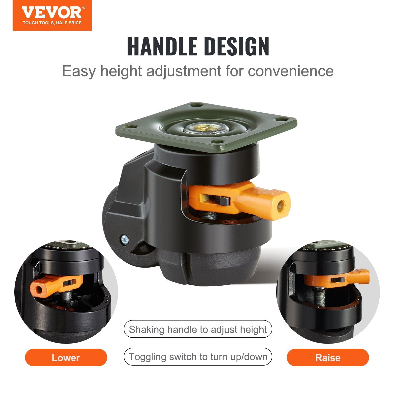 Leveling Casters, 4-Pack Heavy Duty 360 Degree Swivel Caster Wheels with 2 Inches Diameter, Supports 1100 lbs, Adjustable Leveling Feet and Upgraded Handle for Workbench, Furniture, Industrial Equipm