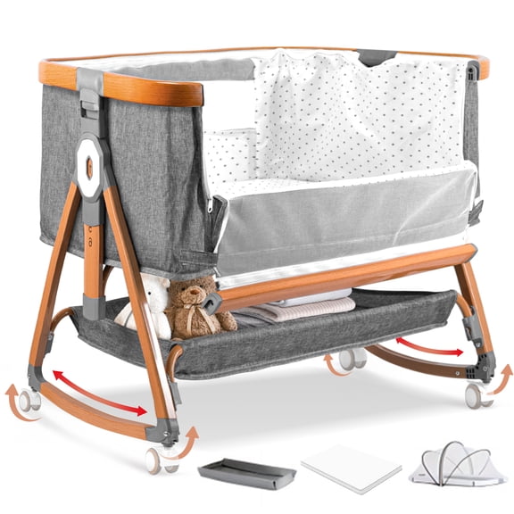 Rupoun Bassinet, Bedside Sleeper, Foldable Baby Crib with 6 Adjustable Heights and Mesh Panels, for Infant Newborn Child, Gray