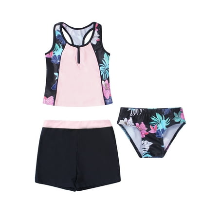 Aislor Kids Girls 3 Piece Tankini Swimsuit Floral Print Top with Boyshorts Bottoms Bathing Suit Swimwear
