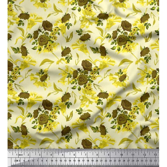Soimoi Viscose Chiffon Fabric Leaves & Rose Flower Print Fabric by the Yard 42 Inch Wide