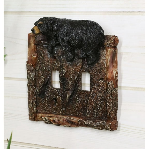 Set of 2 Rustic Faux Tree Bark With Black Bear Double Toggle Wall Switch Plates