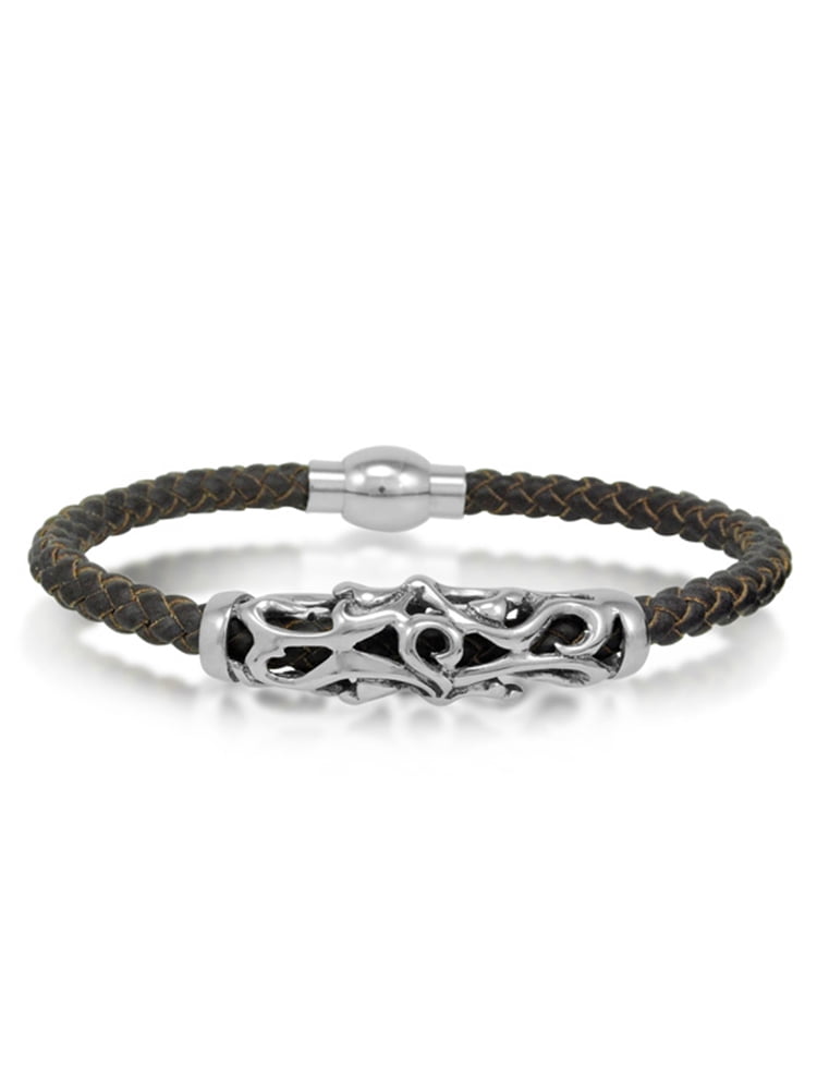 Oxford Ivy  Braided Brown Leather Mens Bracelet 5 mm 8 1/2 inches with Magnetic Stainless Steel Clasp