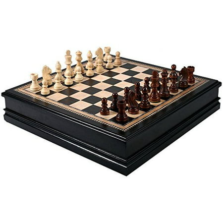 Kavi Black Inlaid Wood Chess Board Game with Weighted Wooden Pieces and Tray - 18 Inch Set ...