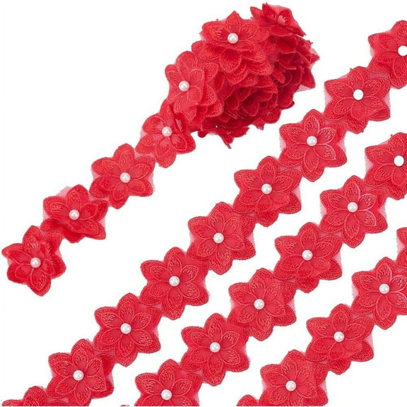 1 3/4 Inch Red Embroidered Flower Trim 3D Floral Edge Lace Ribbon Vintage Pearl Bead Embroidery Fabric Applique Trimming