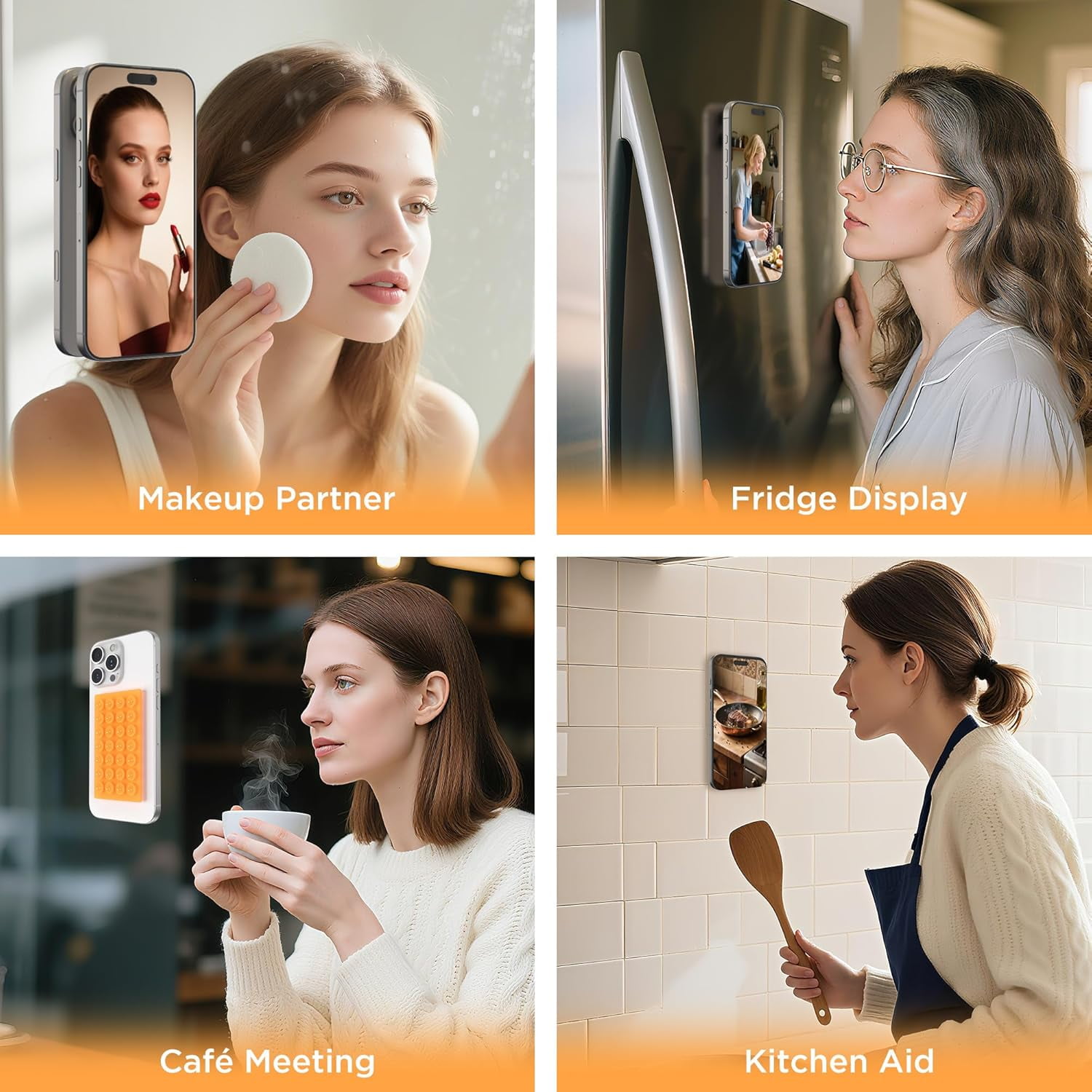 MKEUDQ-2 Pack Silicone Suction Cup Phone Case Mount Double-Sided, Hands-Free Strong Grip Holder for iPhone and Android, Sticky Phone Stand for Selfies and Videos, Orange+Transparent