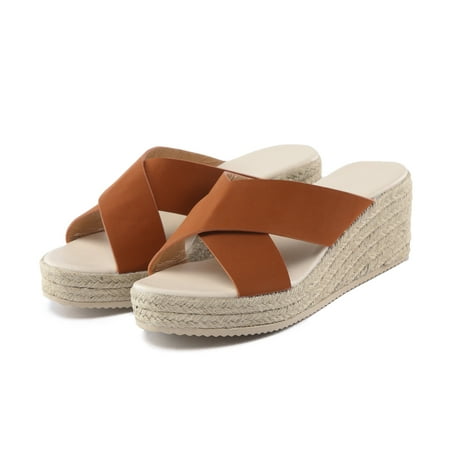 

Cathalem Slippers For Women Ladies Peep Toe Linen Sole Wedge Sandals Rome Shoes Women s Heel Sandal Heeled Brown 9