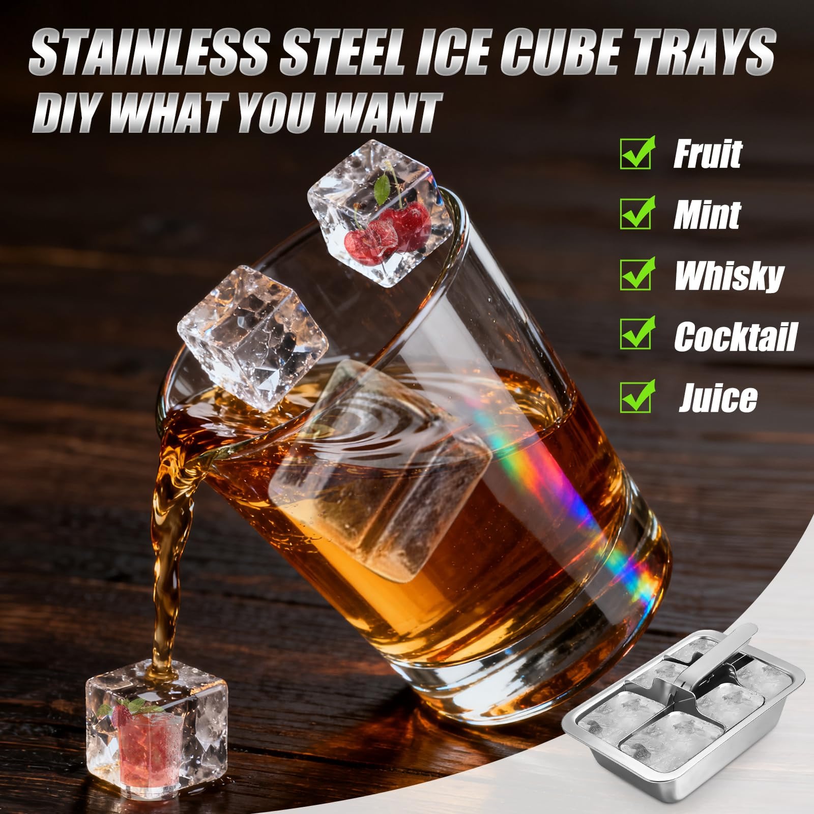 COSANO Ice Cube Trays, Stainless Steel Ice Cube Trays with Easy Release Levers for Professional Drinkers – Portable Reusable Metal Ice Maker for Family Bar Party - Send Goods From Local Warehouse