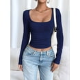 thumbnail image 4 of Women Long Sleeve Shirts Square Neck Tops Basic Teen Girls Crop Tops Fall Outfits Fashion Clothes Navy Blue XL, 4 of 8