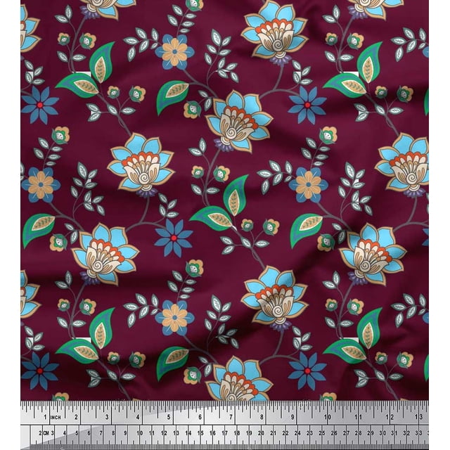 Soimoi Silk Fabric Leaves & Floral Artistic Print Fabric by Yard 42 Inch Wide