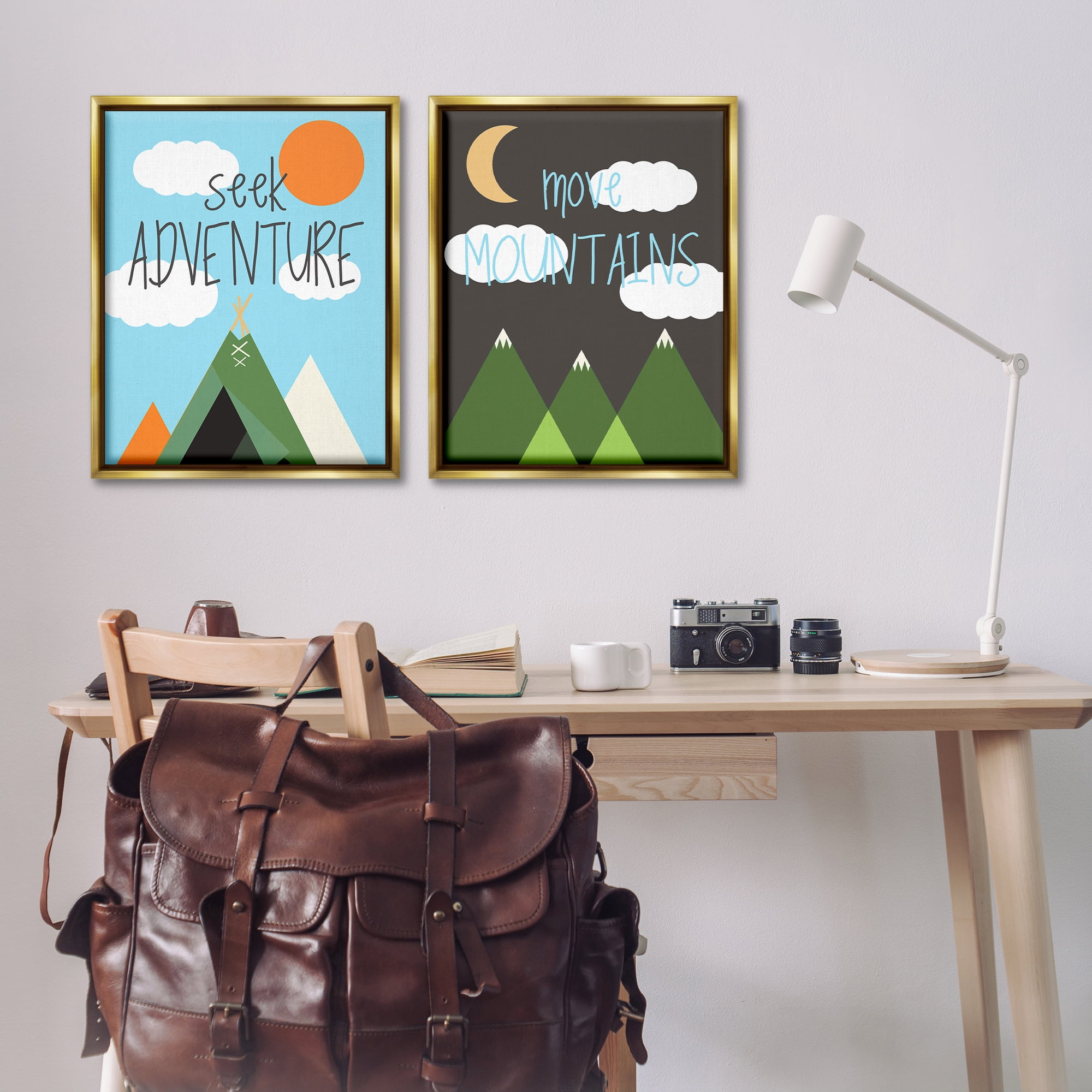 Stupell Industries Seek Adventure Move Mountains Text & Numbers Painting Gold Floater Framed Canvas Art Print Wall Art, 31 x 25, Set of 2