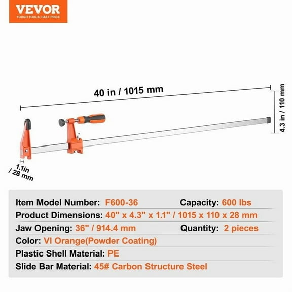 Bar Clamps for Woodworking, 2-Pack 36" Clamp, Quick-Change F Clamp with 600 lbs Load Limit, 2.5" Throat Depth, Cast Iron and Carbon Steel, Wood Clamps for Woodworking Metal Working